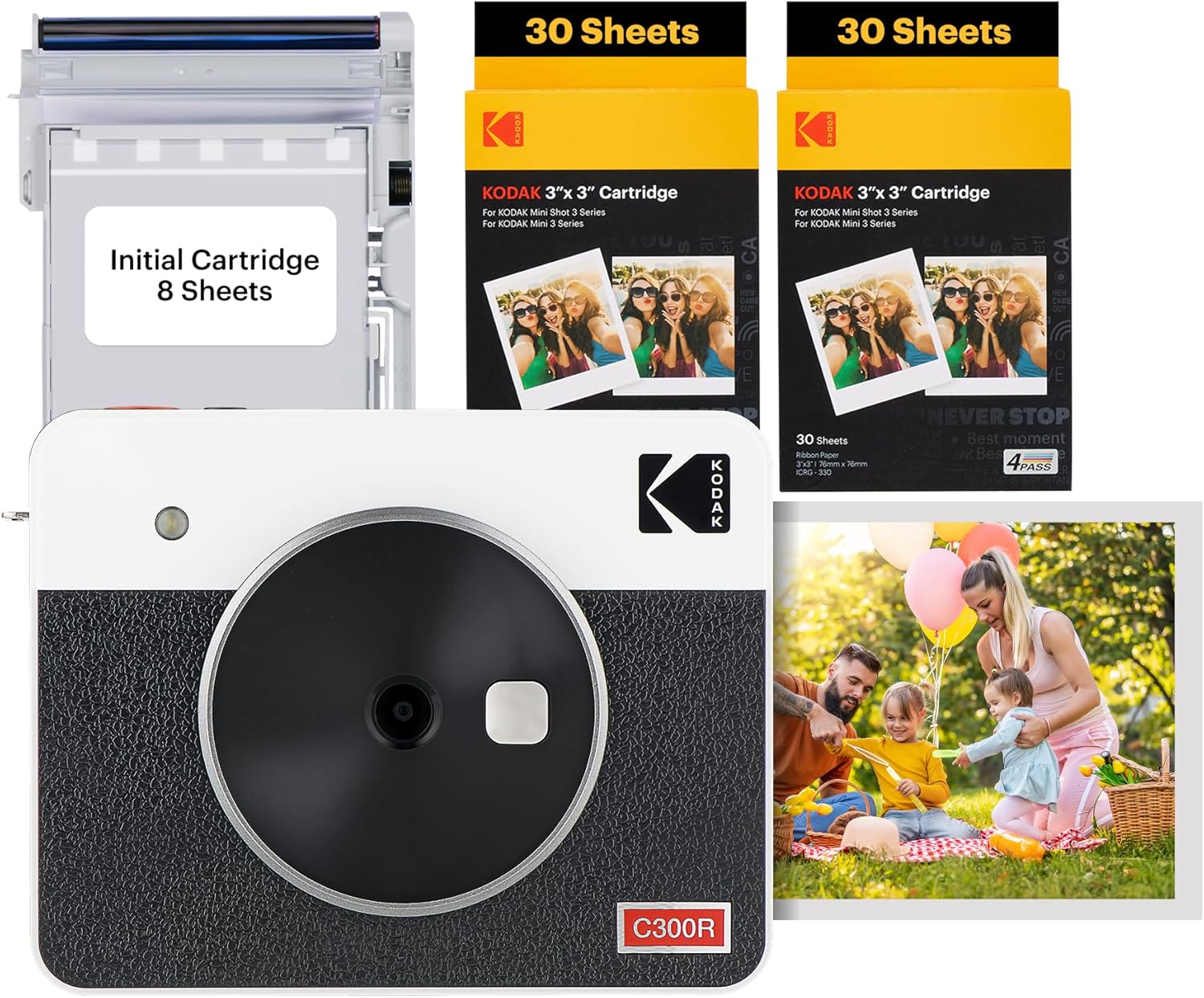 Mini Shot 3 Retro 4PASS 2-in-1 Instant Digital Camera and Photo Printer (3x3 inches) + 60 Sheets Cartridge Bundle, White