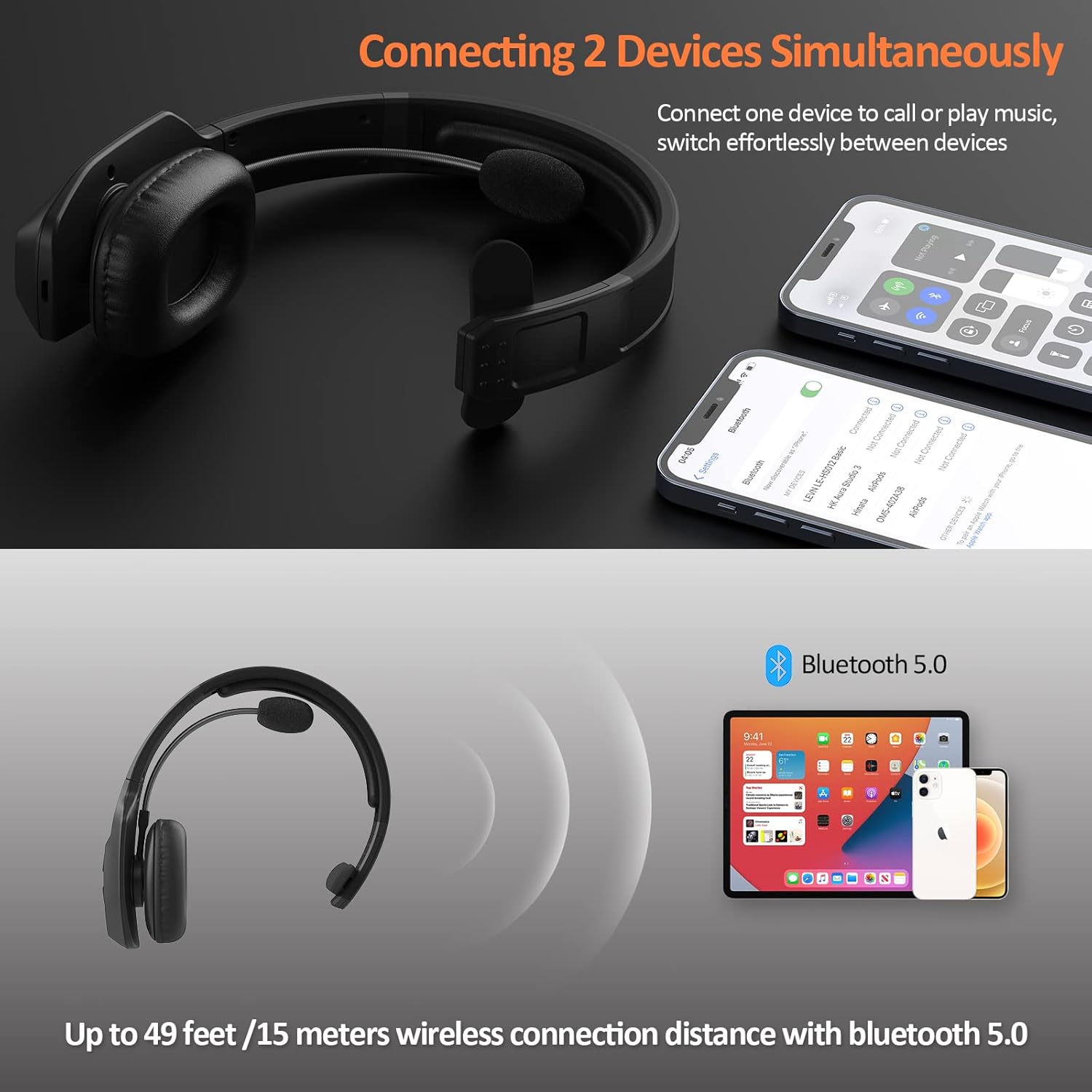LEVN Bluetooth Headset with Microphone, Trucker Bluetooth Headset with AI Noise Cancelling & Mute Button, Wireless On-Ear Headphones 60 Hrs Working Time, for Trucker Home Office Remote Work Zoom - Image 3