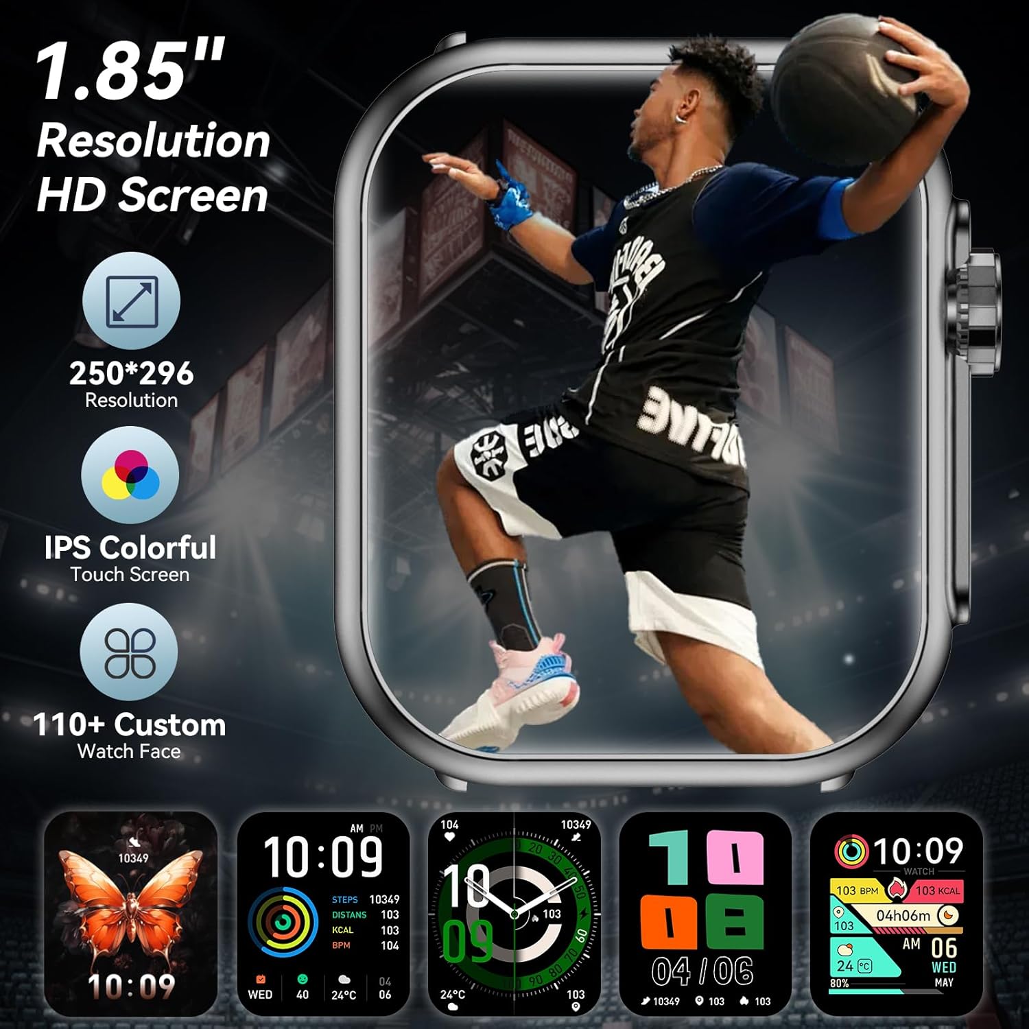 Smart Watch, 1.85" HD Smartwatches for Men Women, 1000 mAh Battery High Capacity, 110+ Sport Modes with Fitness Tracker Watch, IP68 Waterproof, Heart Rate/Sleep Monitor, Fitness Watch for Android/iOS - Image 5